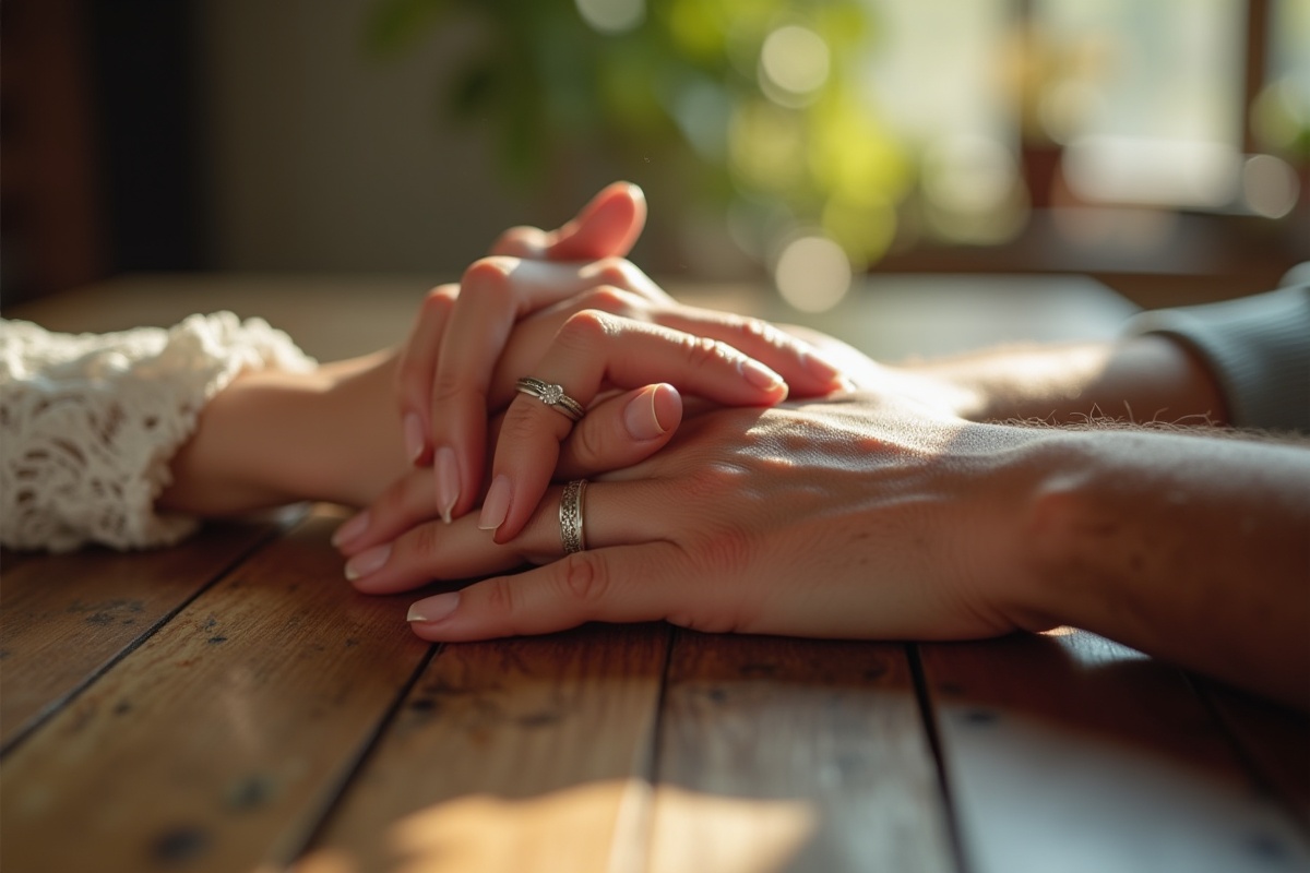 Mains entrelacees avec anneaux de mariage sur table en bois