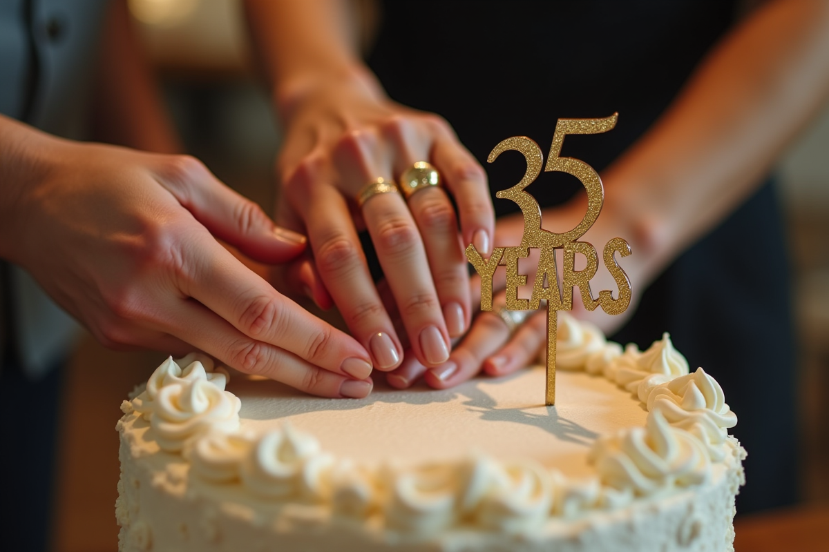 Mains avec alliances touchant un gâteau d anniversaire
