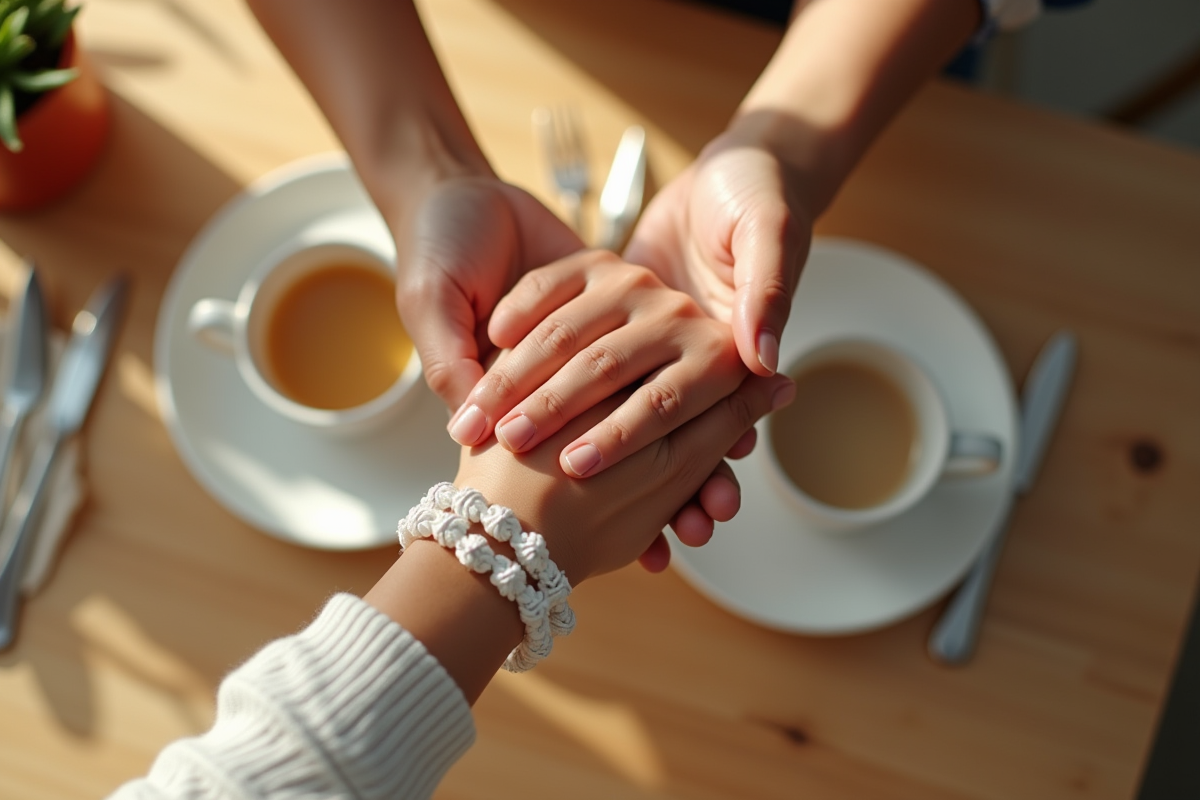 Mains entrelacees avec bracelets en coton sur table en bois