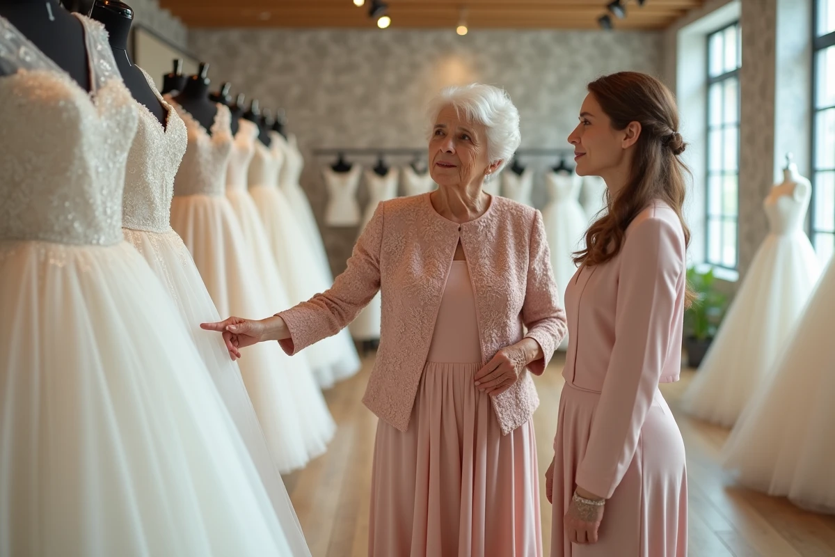 Mère et fille regardant une robe de mariée dans un showroom