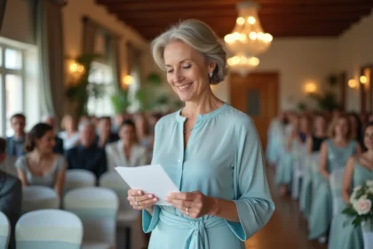 Maman élégante lisant un notecard lors d'un mariage