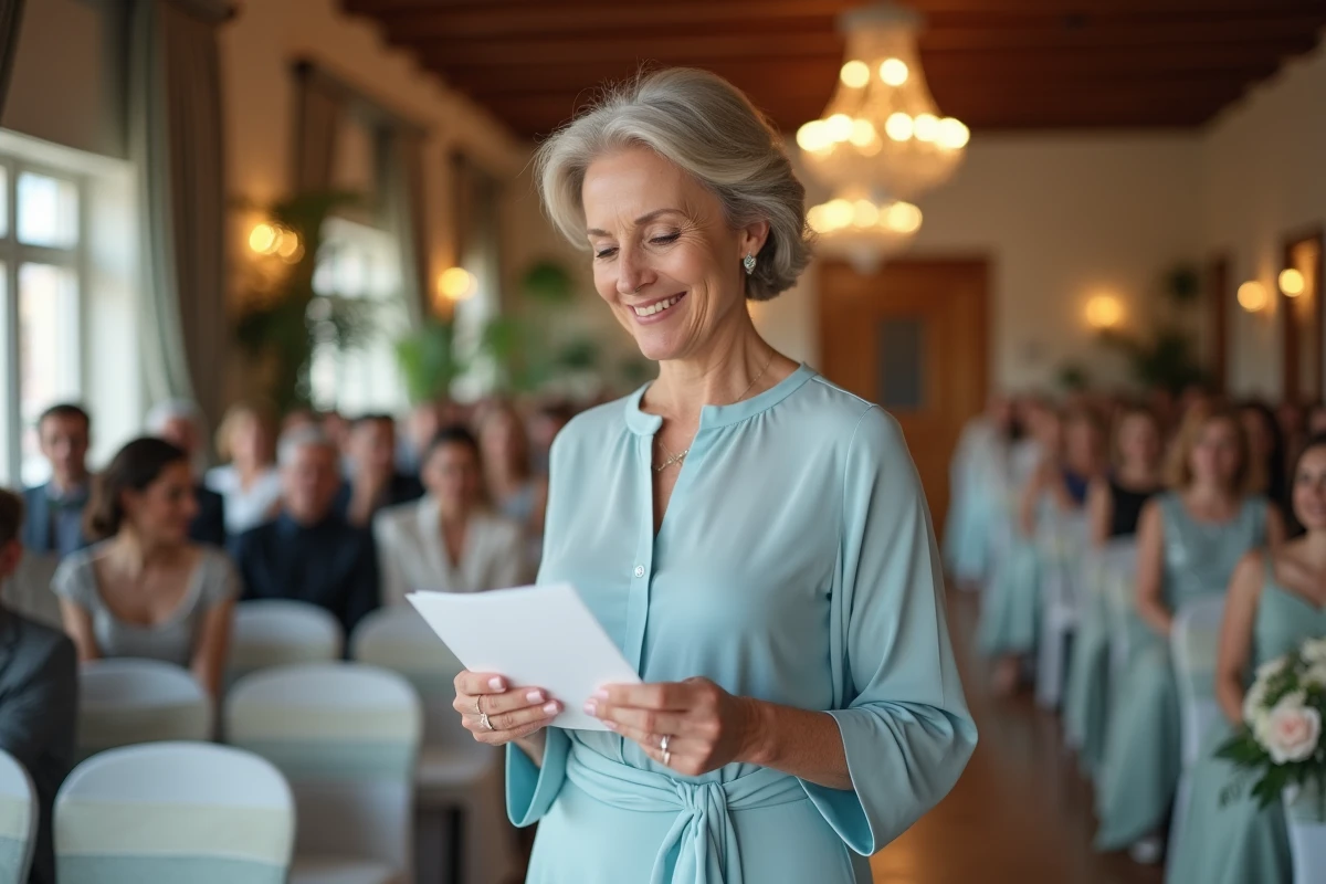 Maman élégante lisant un notecard lors d'un mariage