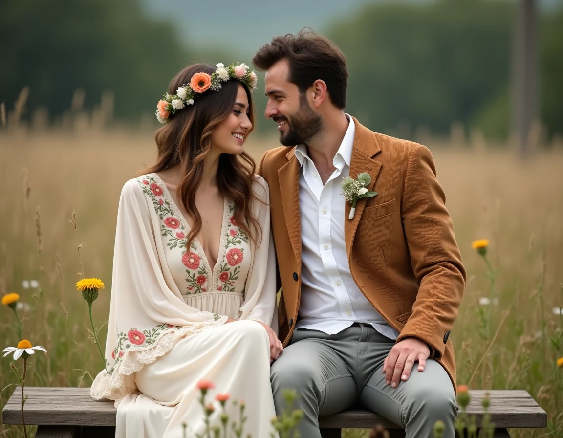 Couple bohème assis dans un champ de fleurs sauvages, robe vintage chiffon années 70 et veston coordonné pour un mariage champêtre
