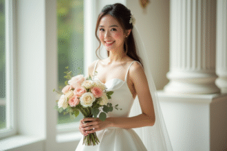 Mariée tenant un bouquet pastel lors d'un mariage