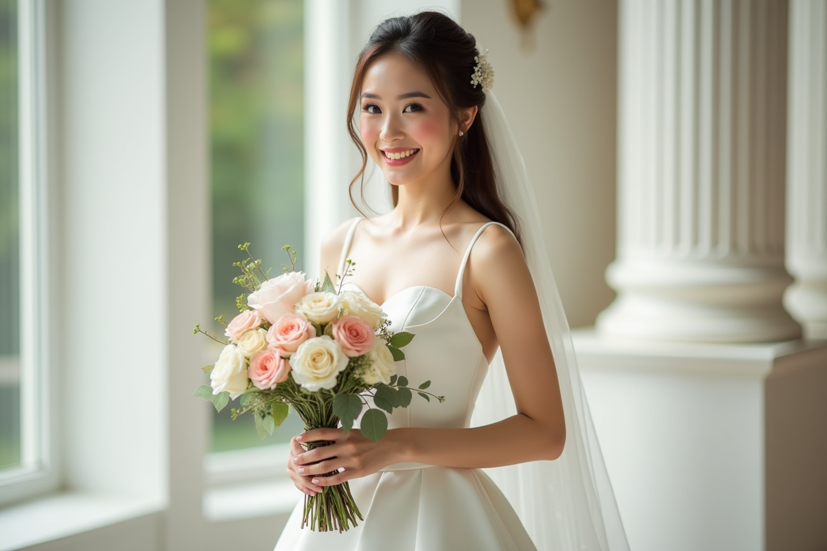 Mariée tenant un bouquet pastel lors d'un mariage