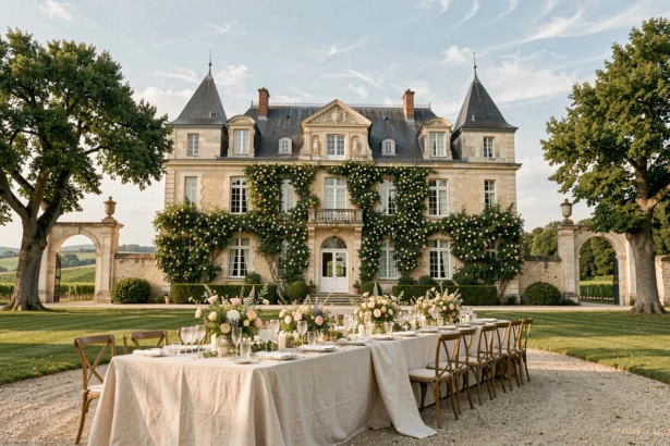 Château de Nouvelle-Aquitaine décoré pour un mariage en plein air avec tables dressées et vignobles en arrière-plan