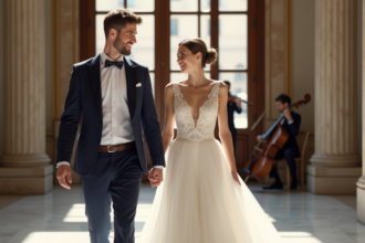 Jeune couple marié dans un hall de ville lumineux