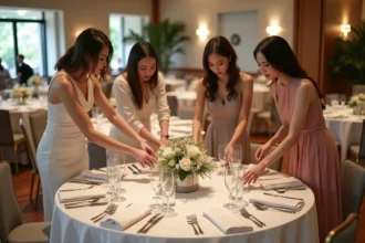 Jeunes adultes préparant une table de mariage élégante