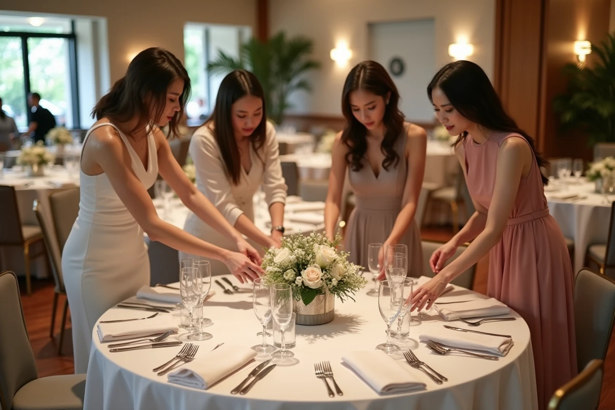 Jeunes adultes préparant une table de mariage élégante