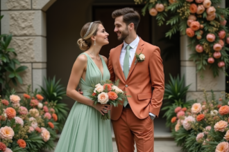 Mariage élégant avec mariée et marié en vert et terracotta