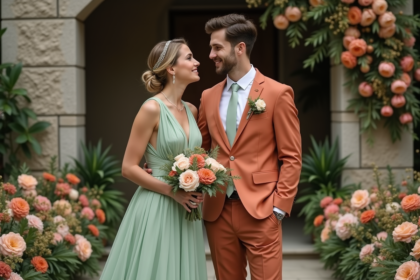 Mariage élégant avec mariée et marié en vert et terracotta