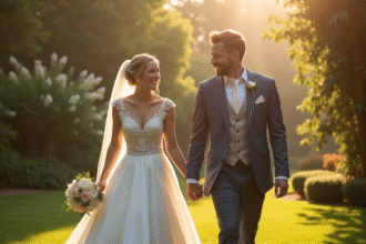 Mariée et marié souriants dans un jardin en matinée