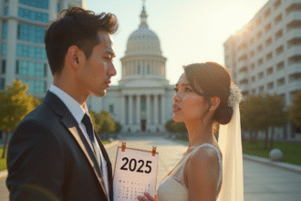 Jeune couple devant la mairie avec calendrier 2025