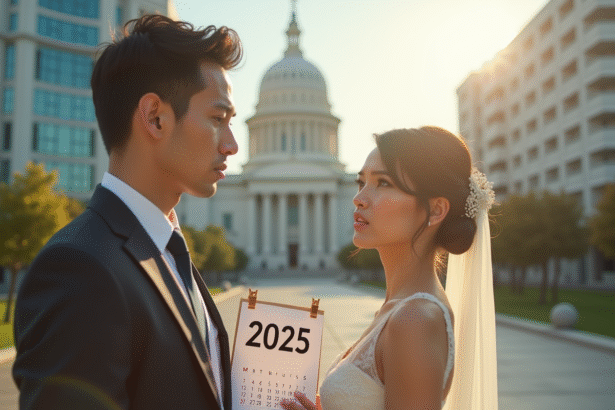 Jeune couple devant la mairie avec calendrier 2025