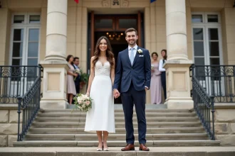 Couple de mariés souriants sur les marches de la mairie lors d'une cérémonie civile simple