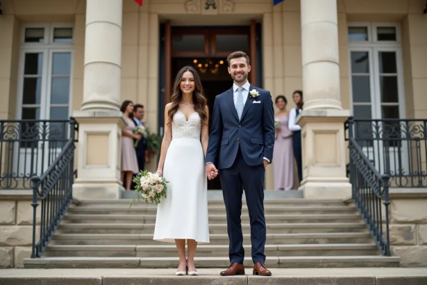 Couple de mariés souriants sur les marches de la mairie lors d'une cérémonie civile simple