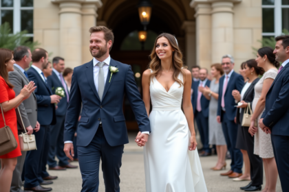 Jeune couple en mariage devant la mairie française