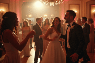 Réception de mariage joyeuse avec danseurs et band