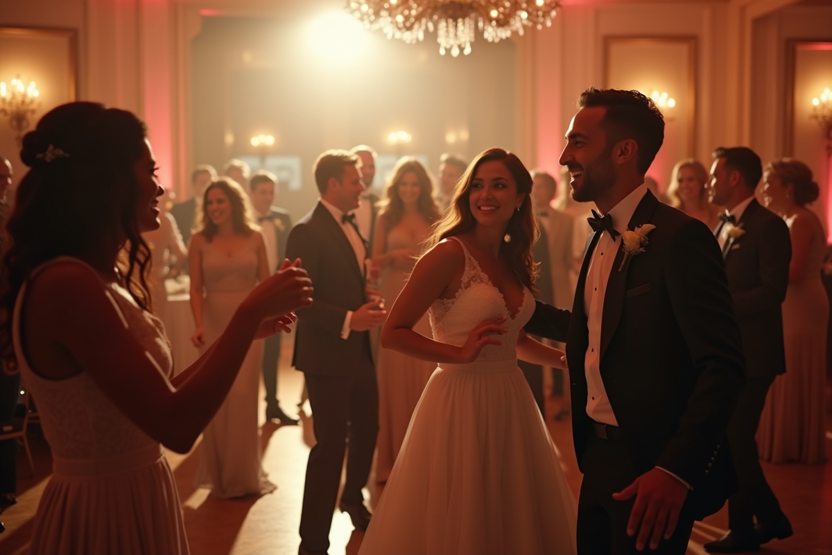Réception de mariage joyeuse avec danseurs et band