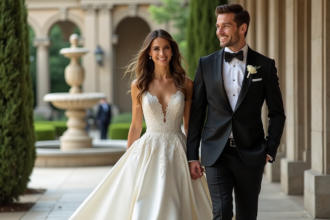 Mariage élégant avec mariée en robe blanche et marié en tuxedo devant bâtiment