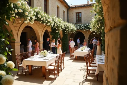 Réception de mariage élégante dans une cour en pierre d'un village provençal avec décoration florale blanche et oliviers