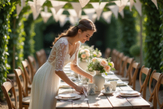 Mariée en robe en dentelle arrangeant des vases de roses