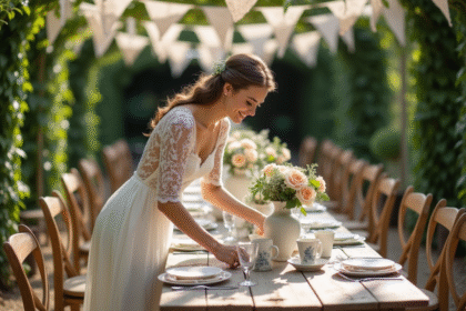 Mariée en robe en dentelle arrangeant des vases de roses