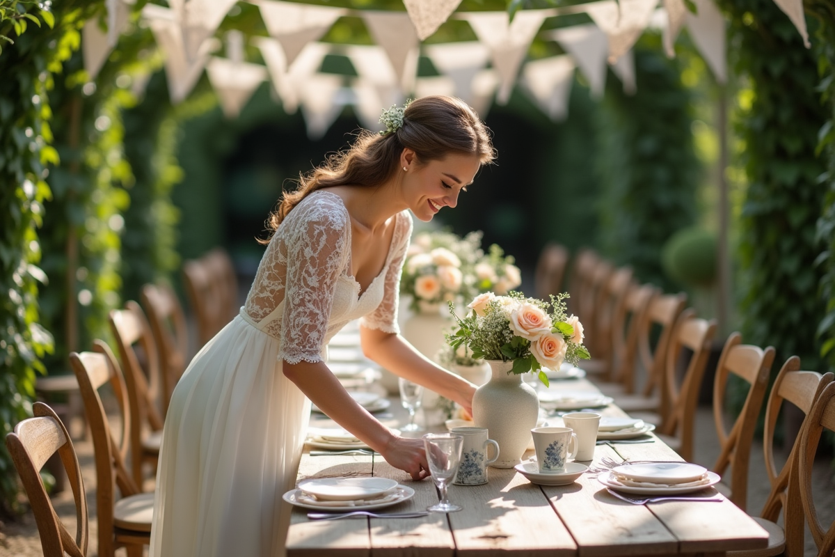 Mariée en robe en dentelle arrangeant des vases de roses