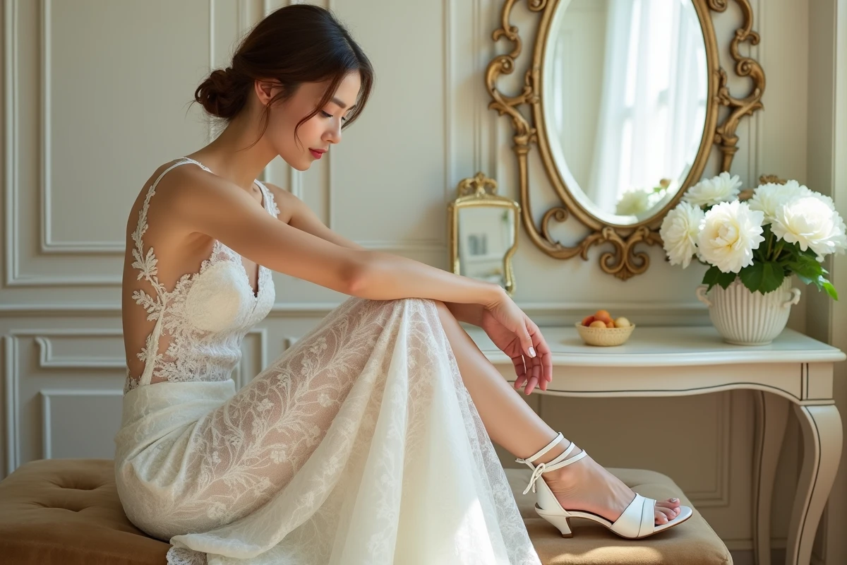 Mariée en robe de dentelle blanche enfilant une sandale blanche à bride de cheville dans une loge de préparation