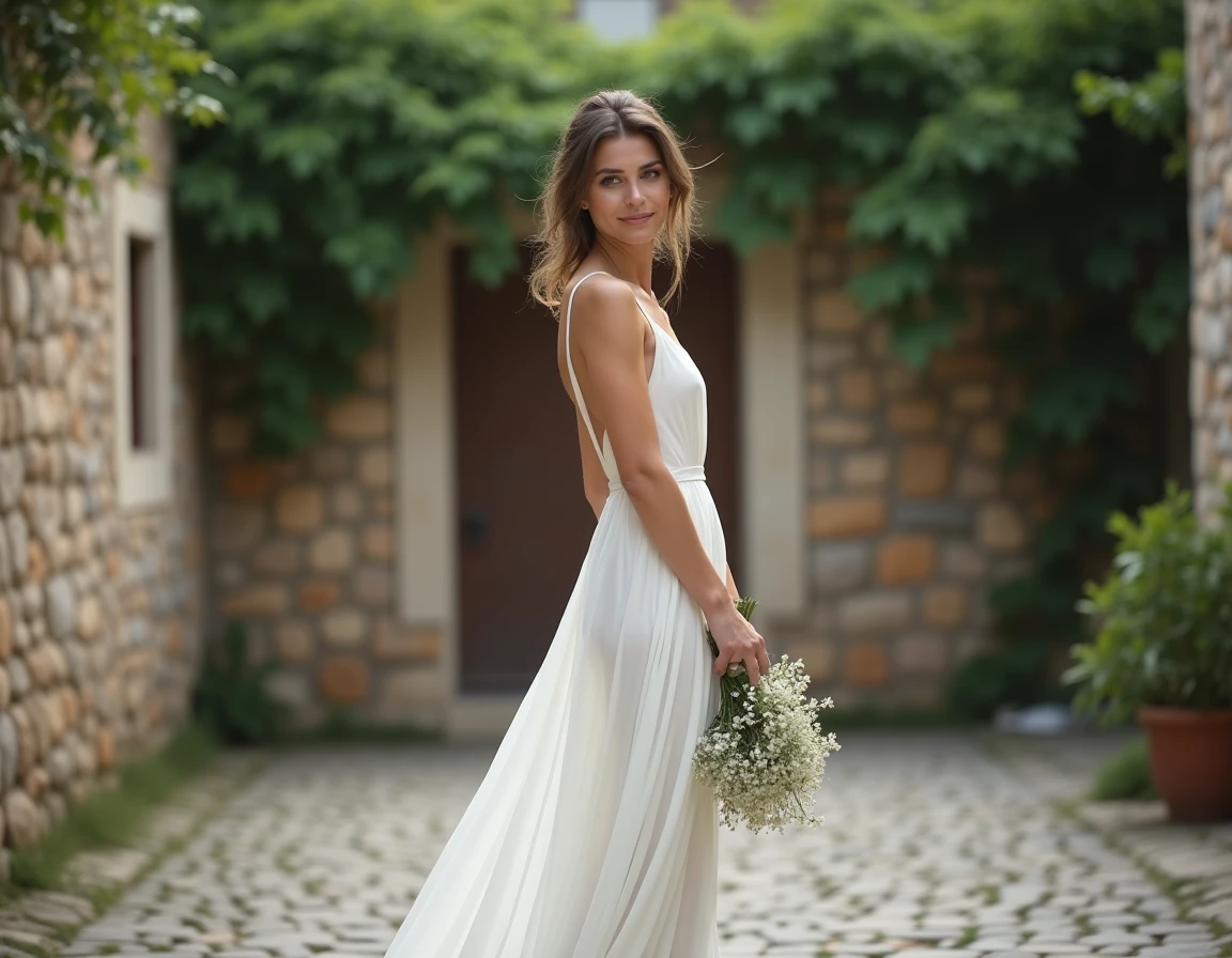 Mariée en robe blanche simple et fluide en mousseline dans une cour pavée, look mariage élégant et abordable