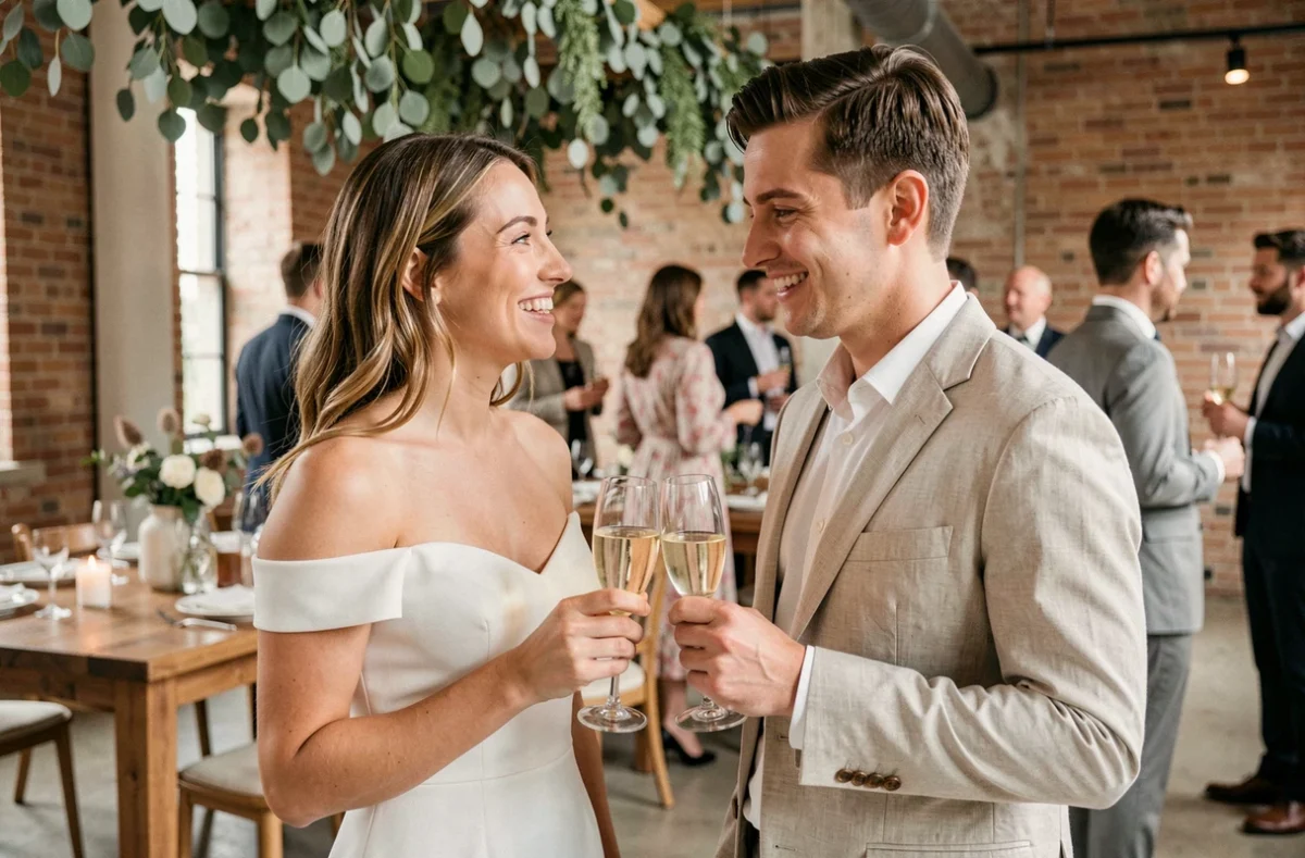 Jeunes mariés portant un toast au champagne lors d'un vin d'honneur élégant et économique en intérieur