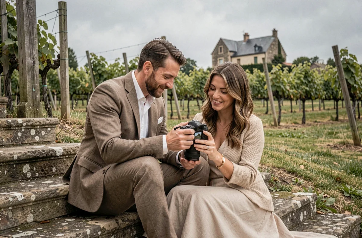 Le duo May June Photography consultant leurs images sur un appareil photo assis sur les marches d'un domaine viticole en Champagne
