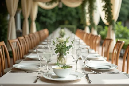 Table de mariage d'été en extérieur avec entrées légères et décoration florale naturelle