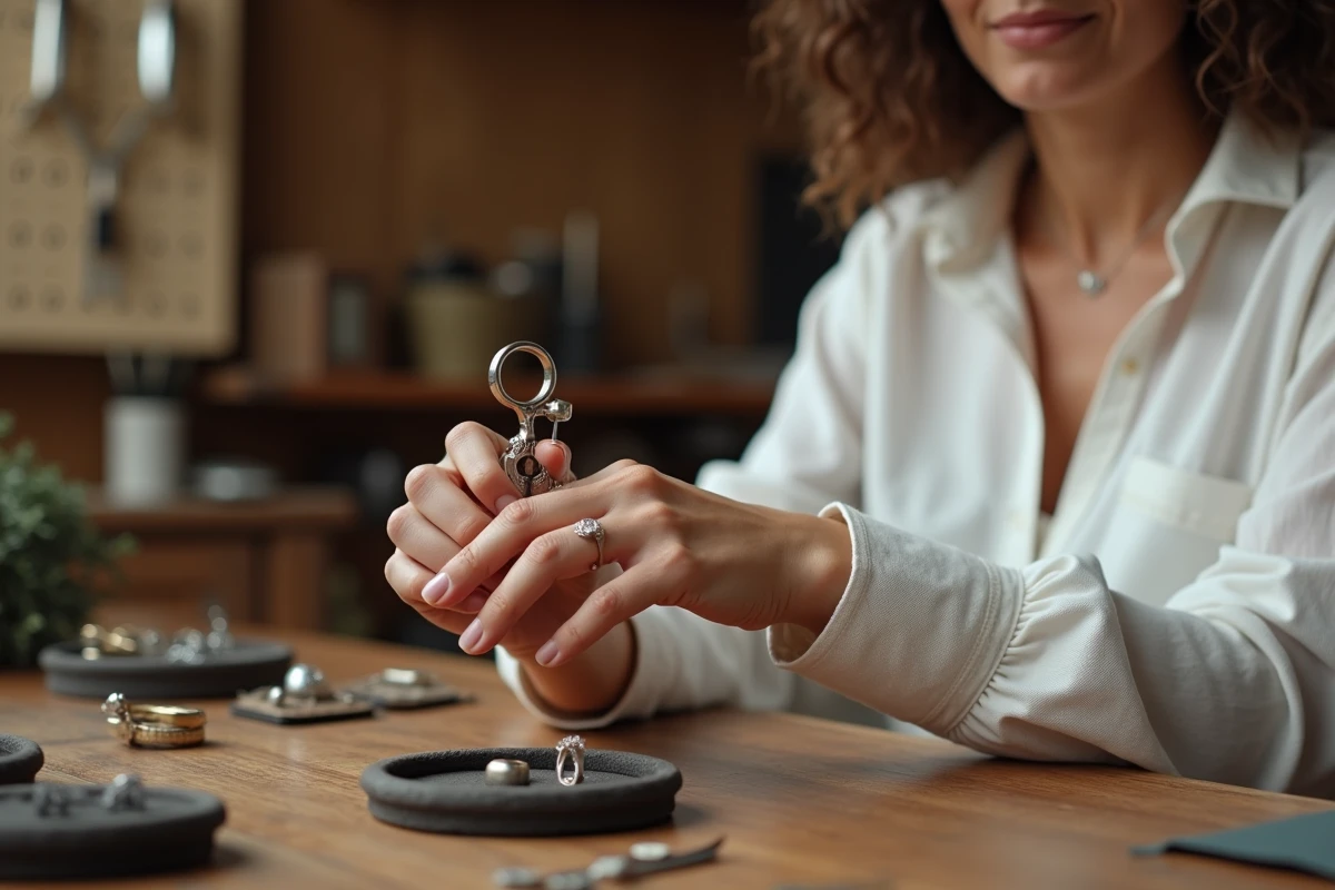 Bijoutière mesurant le doigt d'une cliente avec un gauge de taille de bague dans un atelier artisanal