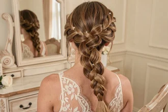 Femme aux cheveux fins coiffée d'une natte française volumisée avec épingles en perle pour un mariage, robe en dentelle ivoire