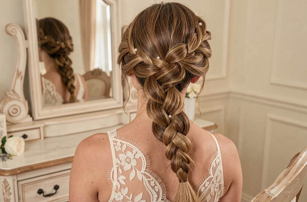 Femme aux cheveux fins coiffée d'une natte française volumisée avec épingles en perle pour un mariage, robe en dentelle ivoire