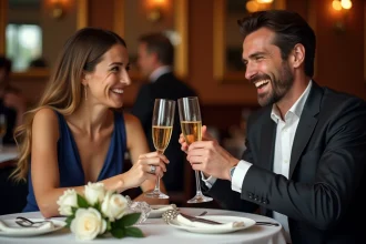 Couple fêtant leurs 15 ans de mariage au restaurant avec des flûtes en cristal et des roses blanches sur la table