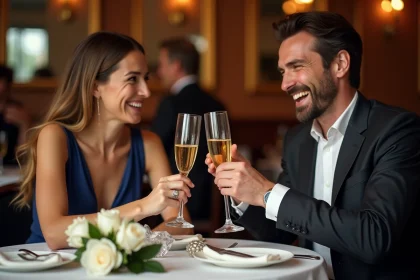 Couple fêtant leurs 15 ans de mariage au restaurant avec des flûtes en cristal et des roses blanches sur la table