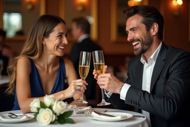 Couple fêtant leurs 15 ans de mariage au restaurant avec des flûtes en cristal et des roses blanches sur la table