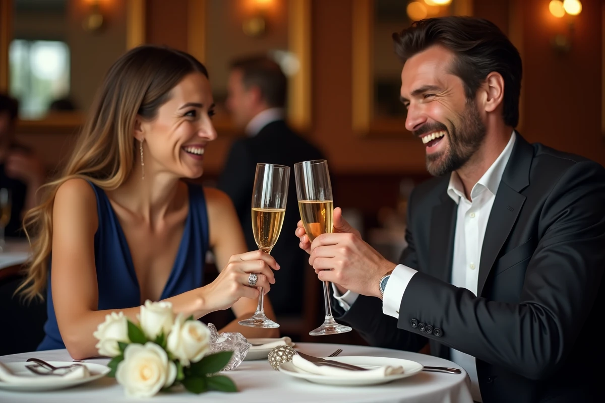 Couple fêtant leurs 15 ans de mariage au restaurant avec des flûtes en cristal et des roses blanches sur la table