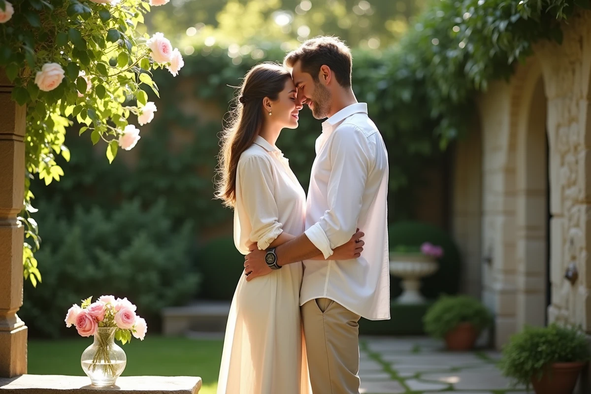 Couple célébrant 15 ans de mariage dans un jardin fleuri avec un vase en cristal sur un banc de pierre
