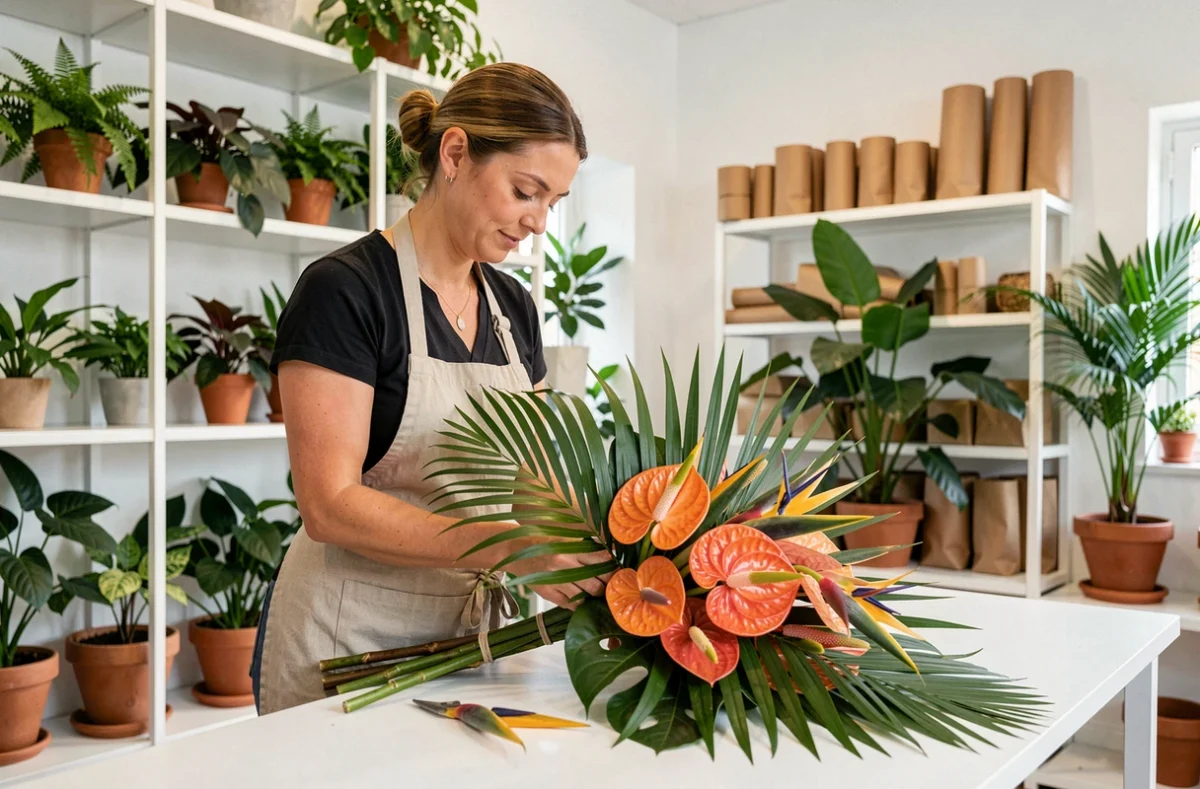Fleuriste de mariage Noix de Coco Fleurs à Lambersart assemblant un bouquet tropical avec feuilles de palmier et anthuriums