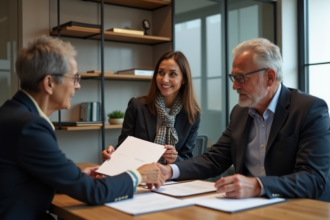 Femme en notaire remet des documents à un couple