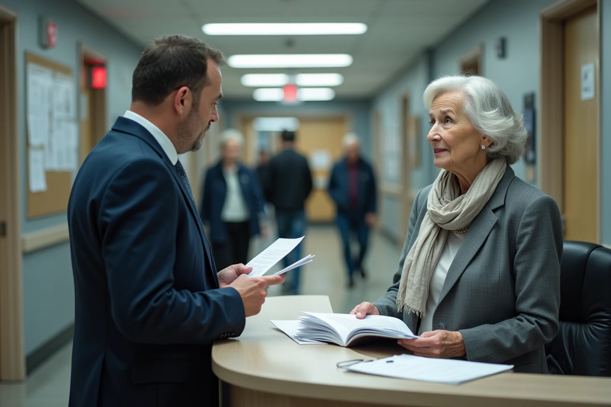 Officielle âgée expliquant des papiers à un homme