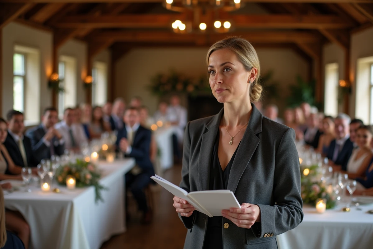 Officiante laïque lisant un discours lors d'une cérémonie de mariage civil intérieure