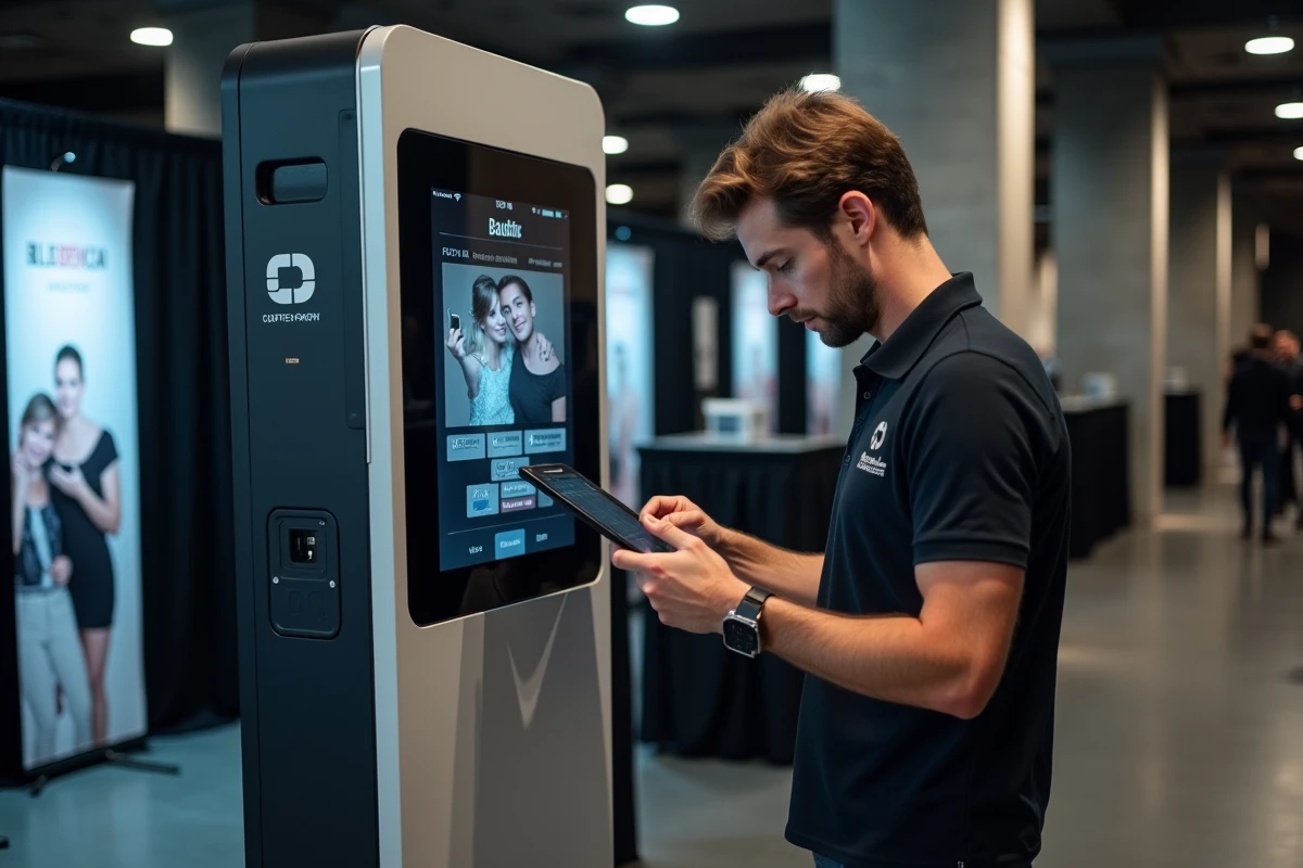 Opérateur professionnel configurant un photobooth moderne lors d'un événement d'entreprise à Paris