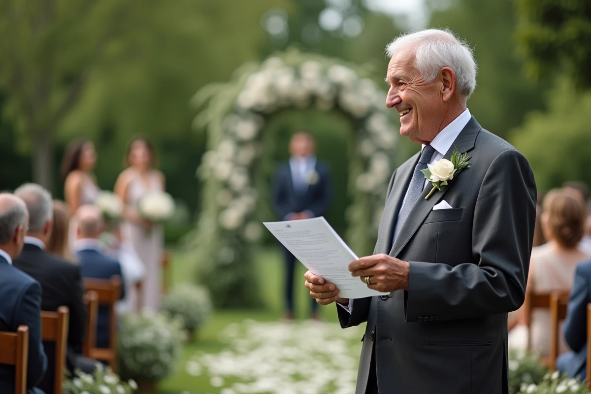 Papa en costume tenant un discours lors de la cérémonie en plein air