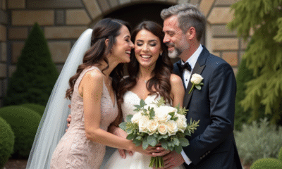 Parents joyeux embrassant leur fille mariée dehors