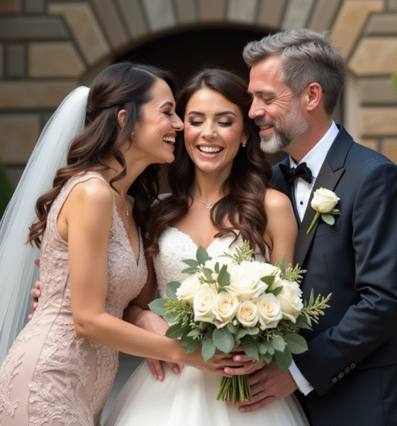 Parents joyeux embrassant leur fille mariée dehors