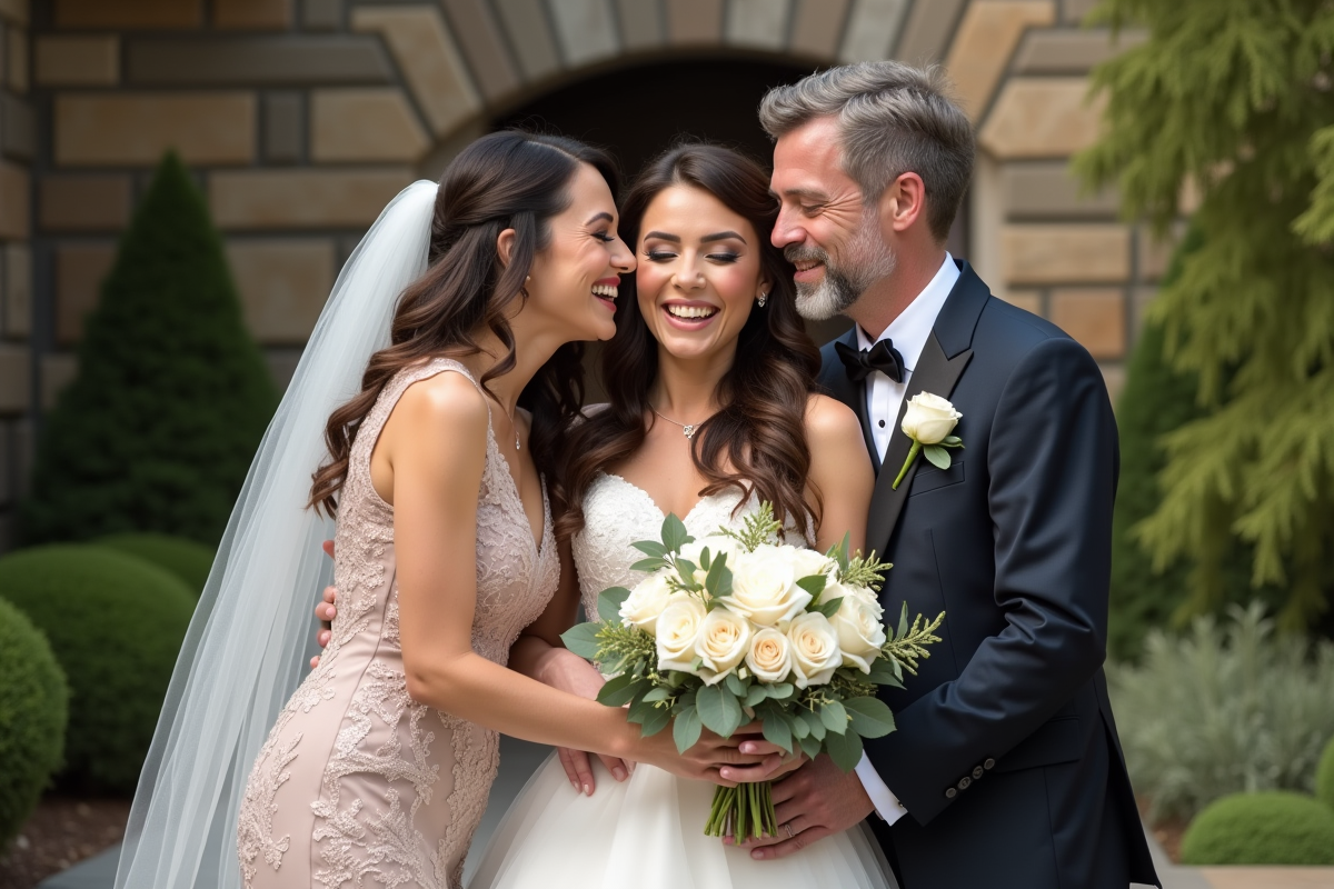 Parents joyeux embrassant leur fille mariée dehors